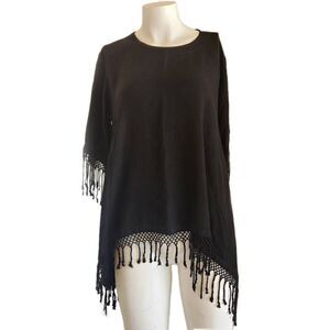 Dairi round neck fringe crochet blouse black western boho top